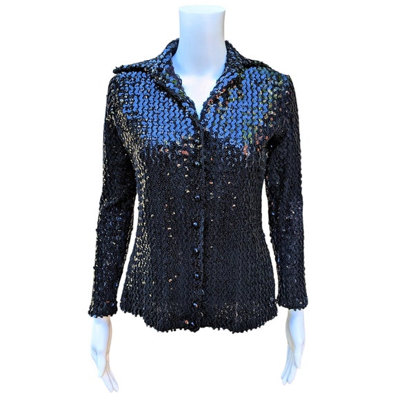 Vintage 70s Sparkle Sequin Disco Party Top, Puff Sleeves S main image 1
