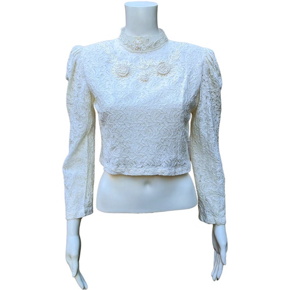 Vintage 1980 ivory white cotton lace embroidered … - image 1