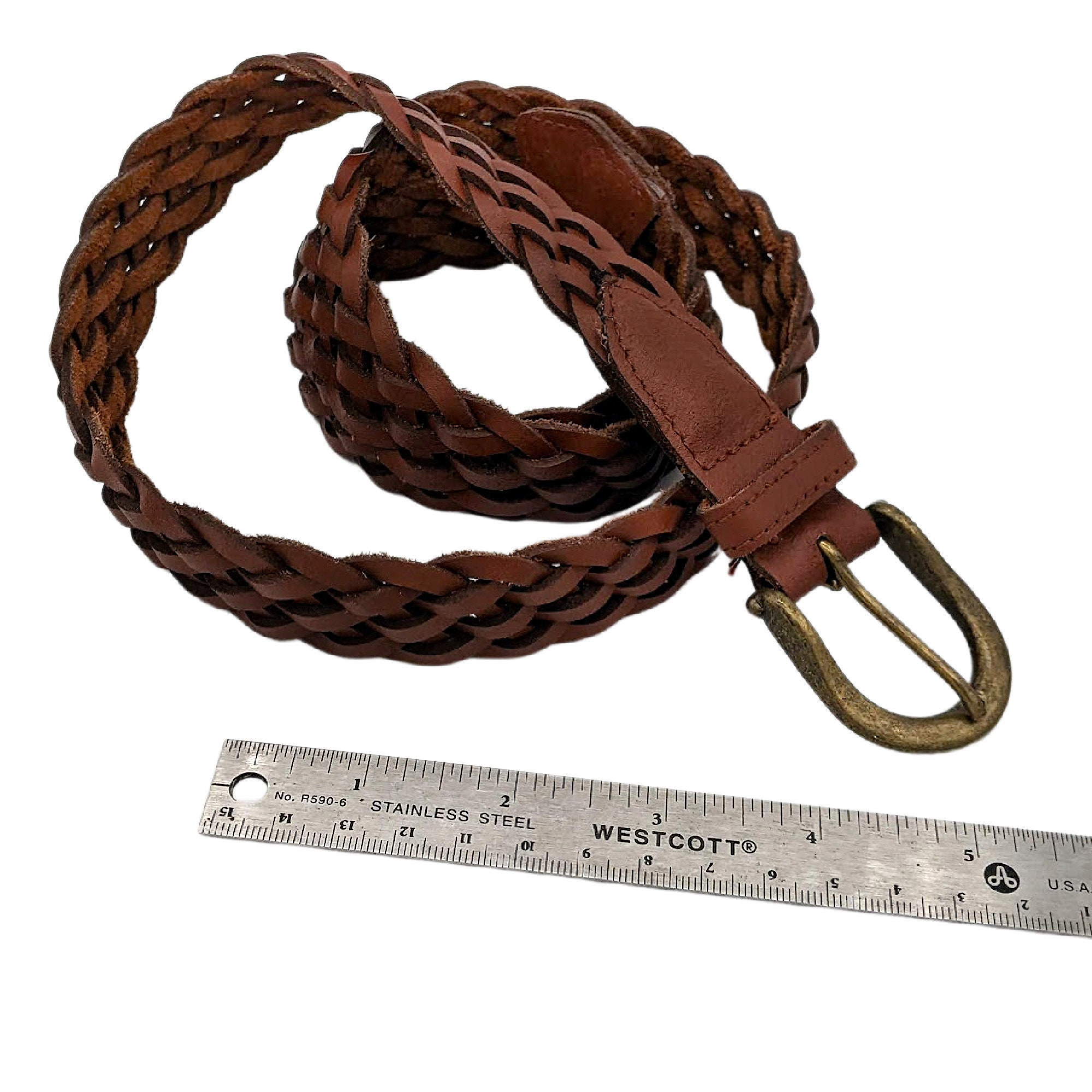 小物 Vintage 90s Braids Design Leather Belt Vintage 80s or 90s Brown Leather Braided Belt With Brass Tone