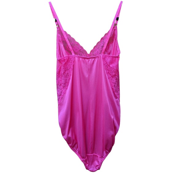 Vintage 80s magenta pink lace and nylon sexy teddy - image 7