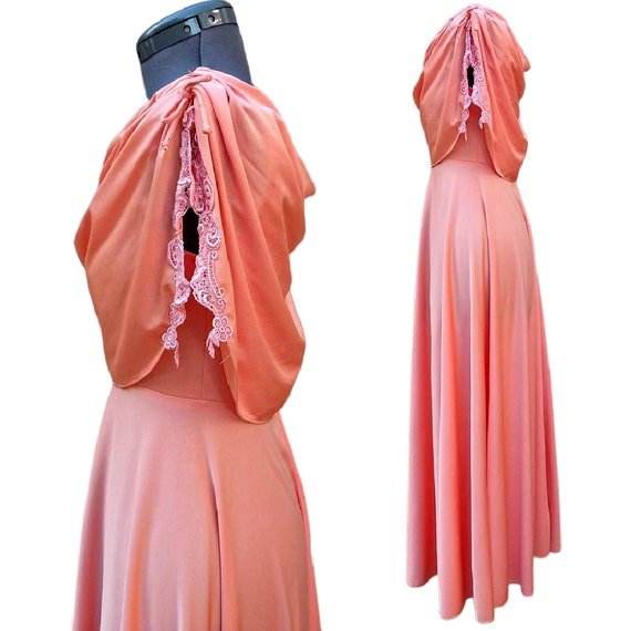 Vintage 70s peach maxi style cowl top polyester d… - image 5