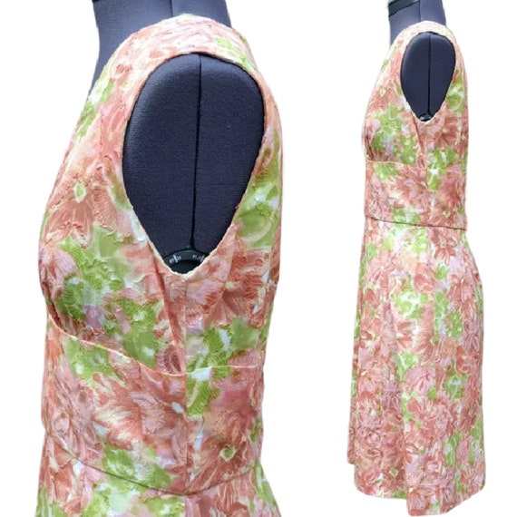 Vintage 60s peach pink and green flocked dress - image 5