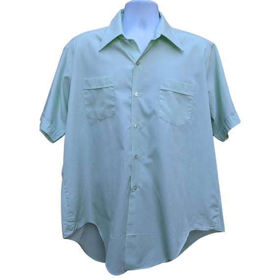 Vintage 70s mint green long collar shirt, pale gr… - image 1