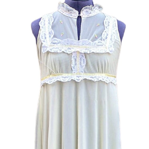 Vintage yellow lace high collar nylon night gown,… - image 2