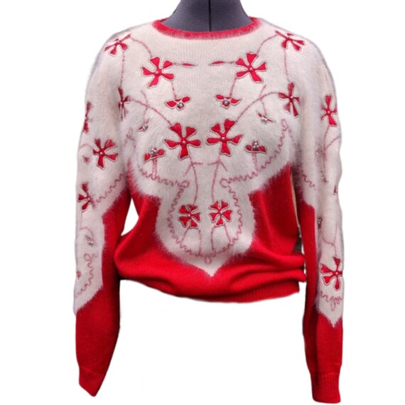 Vintage 1980's red and white angora, rayon sweater