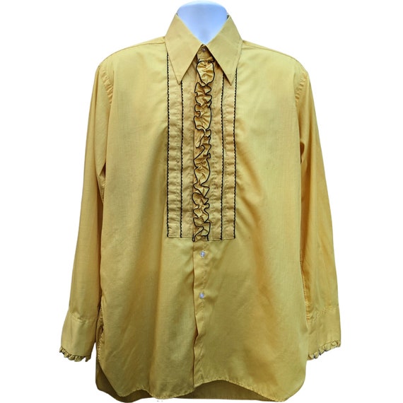 Vintage 70s ocher yellow ruffled tuxedo shirt wit… - image 1