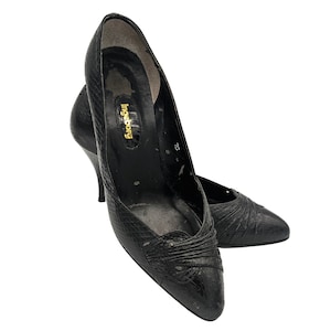 Vintage 1980s black snakeskin needle heel pumps, size US 7C
