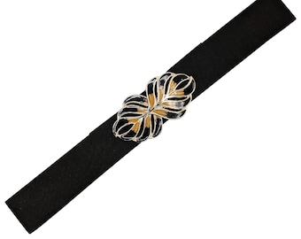 Vintage 1970 or 80s leaf buckle, black and gold elastic belt