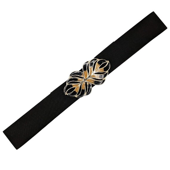 Vintage 80s Black Single Leaf Shaped Buckle Cinch Belt Vintage 1970 or 80s Leaf Buckle, Black and Gold Elastic Belt  main image 3