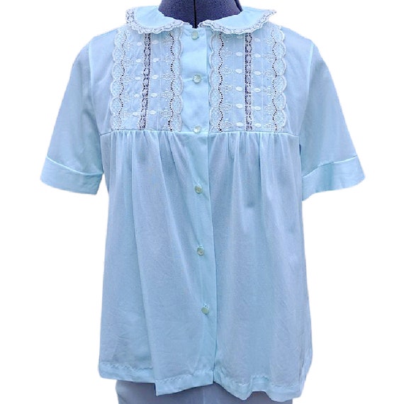 Vintage pale blue embroidered nylon and lace paja… - image 2