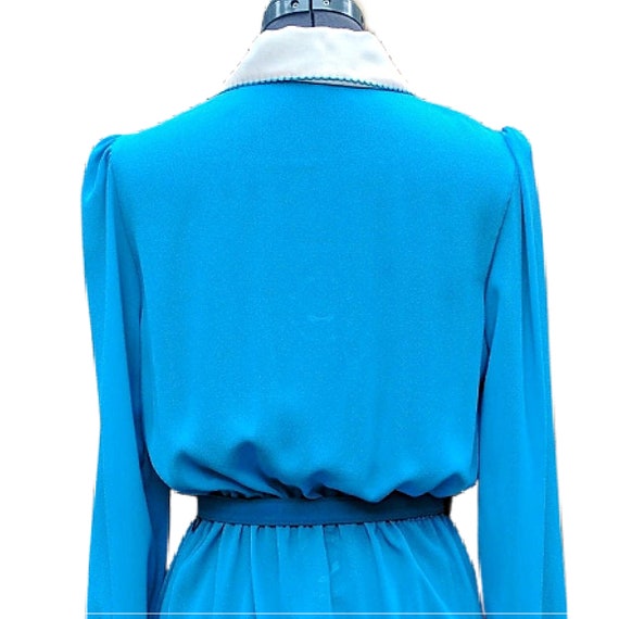 Vintage 80s turquoise with white collar blouse dr… - image 8