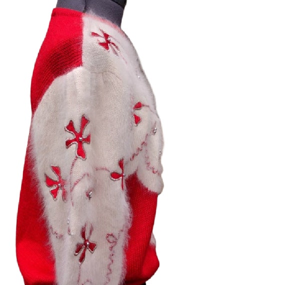 Vintage 80s red and white angora, rayon sweater, … - image 7