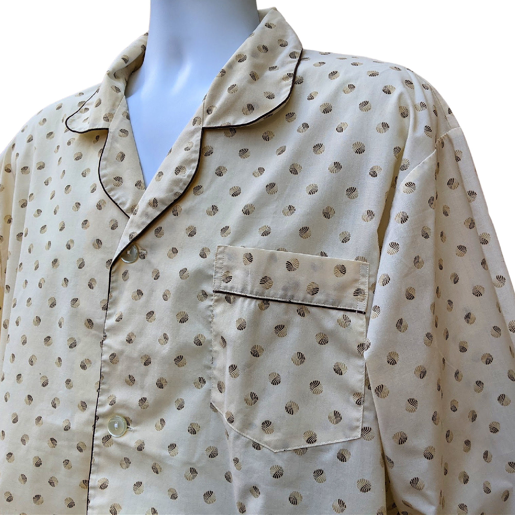 Vintage 70s Pale Yellow Beige and Brown Patterned Cotton
