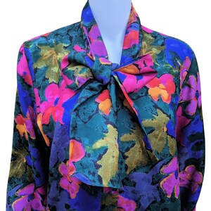 Vintage 70s or 80s floral green, yellow, pink and purple pussy bow blouse image 2