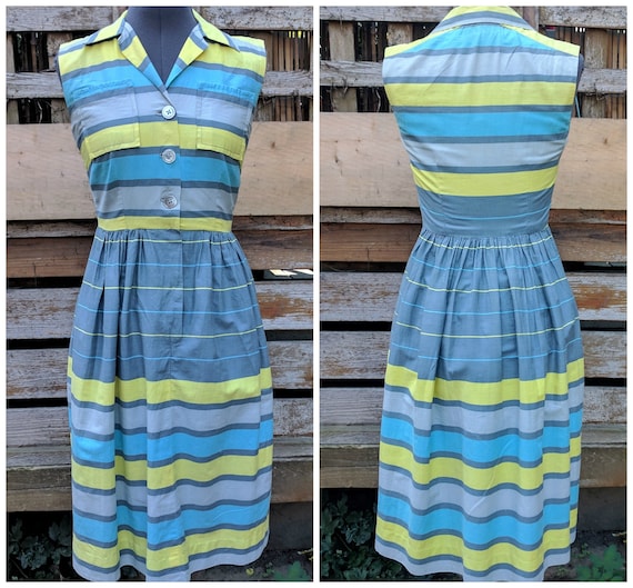 Vintage 1950's blue, yellow and gray horizontal st