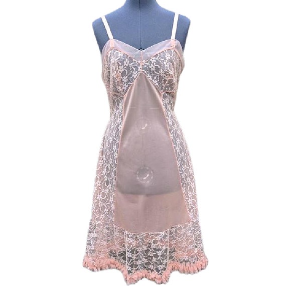 Vintage 60s peach lace and chiffon dress slip - image 1