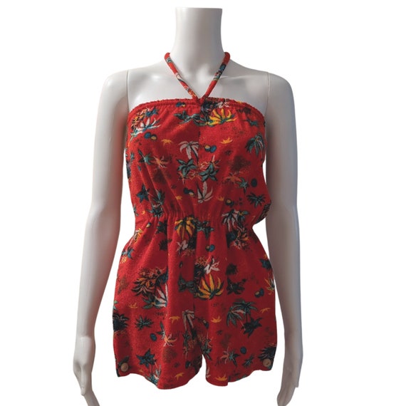 Vintage 1980's red tropical terry cloth romper