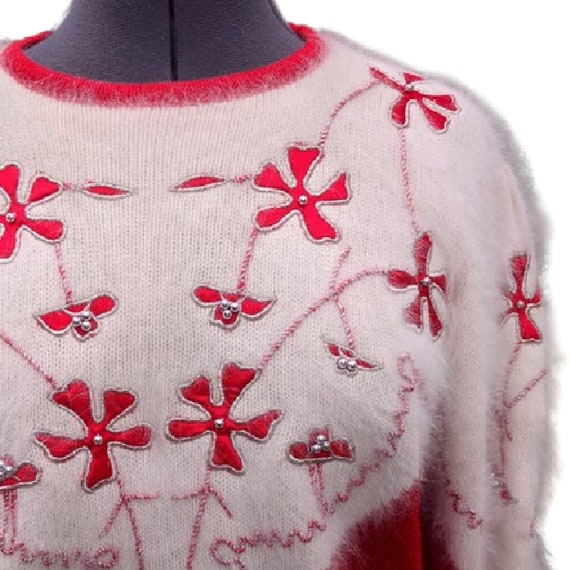 Vintage 80s red and white angora, rayon sweater, … - image 3