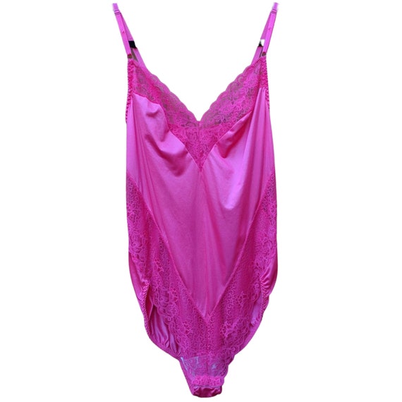 Vintage 80s magenta pink lace and nylon sexy teddy - image 6
