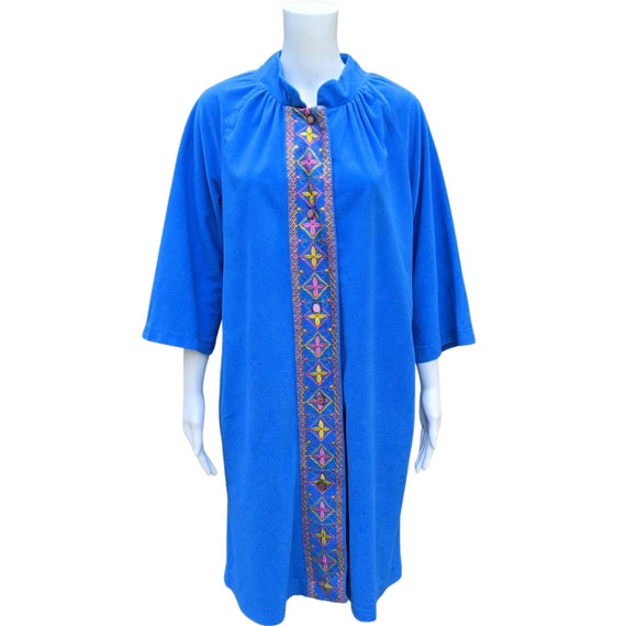 Vintage 60s blue knee length fleece robe housecoat - image 1