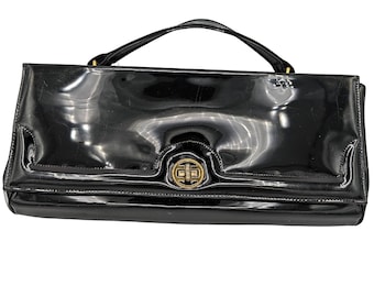 Vintage 1940s black patent and brass metal top handle handbag