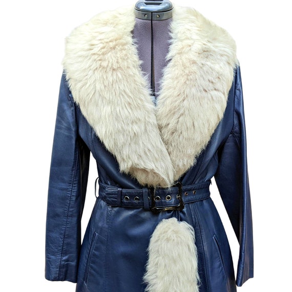 Vintage 1970's blue leather with creamy sheep woo… - image 3