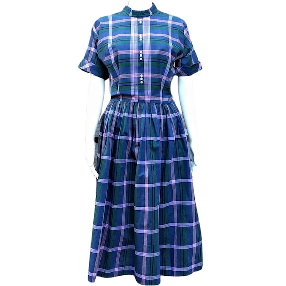 Vintage blue, green and pink plaid cotton dress