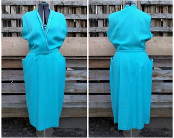 Vintage 1940's 50's Kay Stone Original Turquoise Blue Belted Wiggle Dress with Pockets Plus Size / New York / Montreal