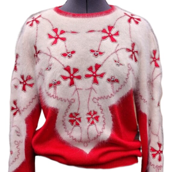 Vintage 80s red and white angora, rayon sweater, … - image 2