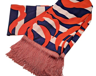 Vintage 1960's or 70's dark orange, pale pink and navy blue fringed polyester opera scarf