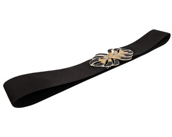 Vintage 1970 or 80s Leaf Buckle, Black and Gold Elastic Belt  display picture 1