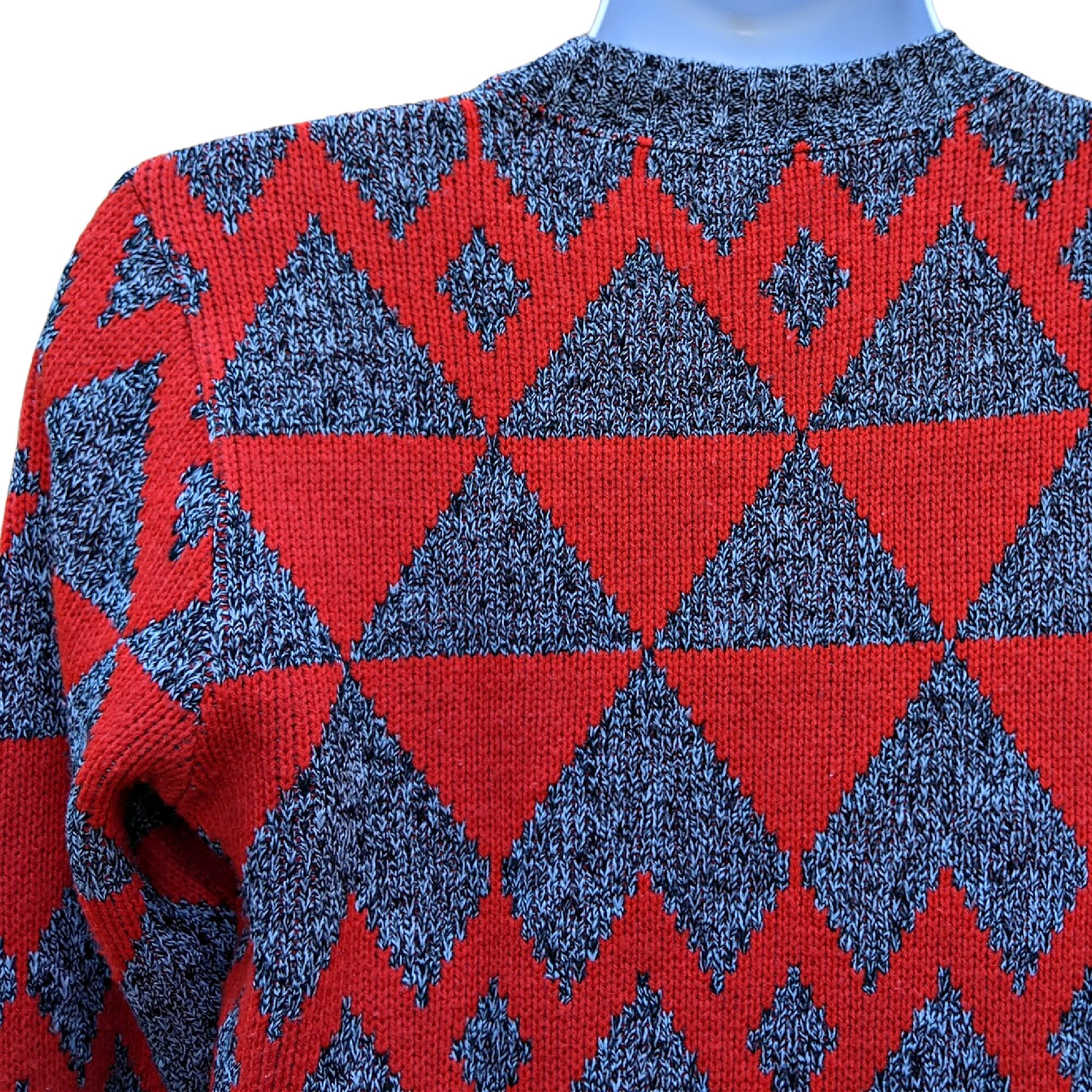 Vintage 1980s Gray and Red Geometric Design Acrylic Knit Sweater 