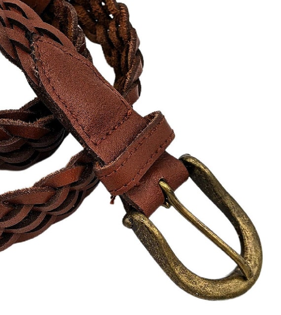 Vintage 80s or 90s Brown Leather Braided Belt With Brass Tone