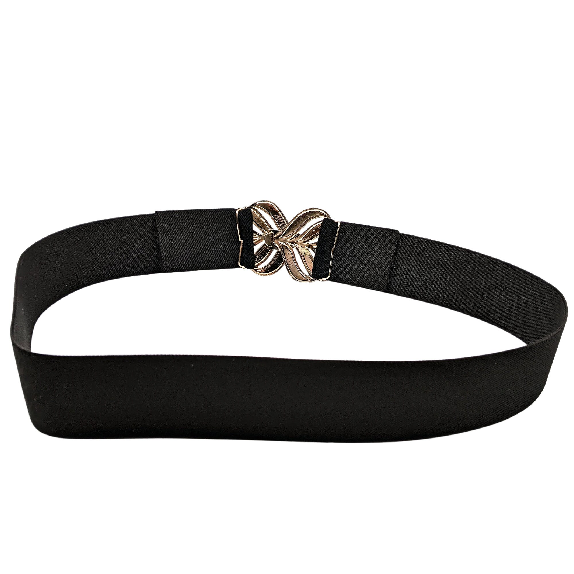 Vintage 1970 or 80s Leaf Buckle, Black and Gold Elastic Belt 