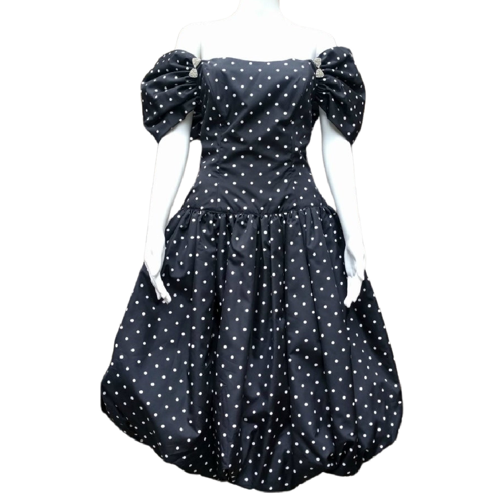 Vintage 80s Black and White Polka Dot Balloon Skirt Dress