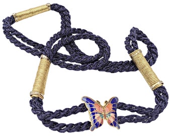 Vintage 80s navy blue and gold butterfly rope belt