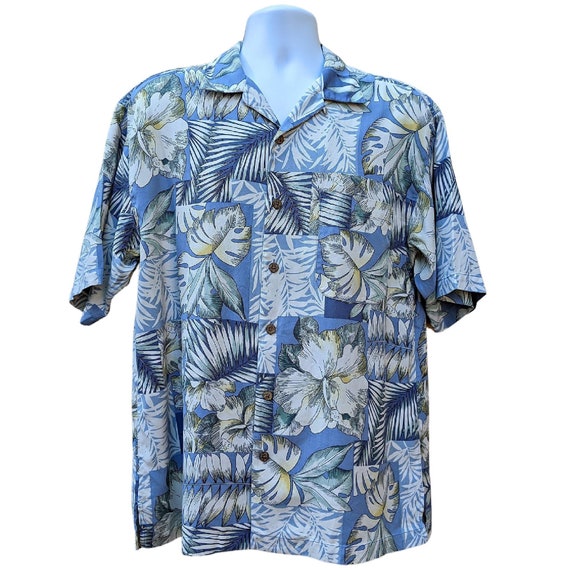 Vintage Blue and White Silk Tommy Bahama Shirt 100% Silk 