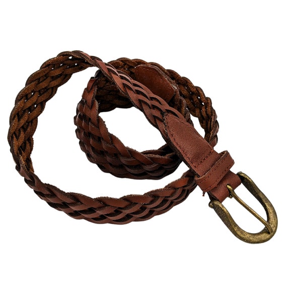 Vintage 80s or 90s Brown Leather Braided Belt With Brass Tone