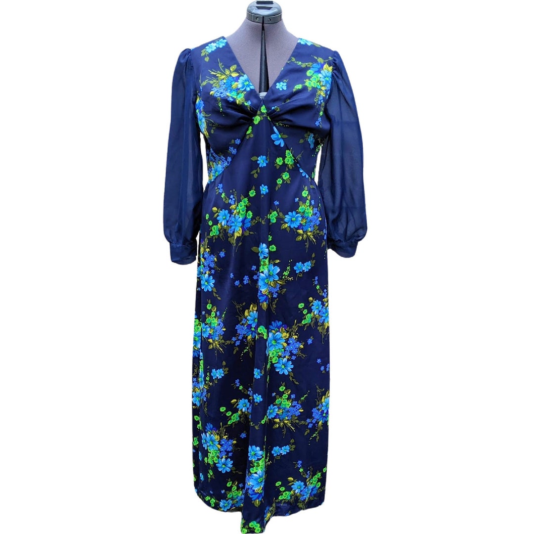 Vintage 1970s Navy Blue Maxi Dress With Bright Green and Cerulean Blue ...