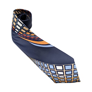 Vintage 1970s navy with blue, white and orange yellow graphic pattern wide polyester tie