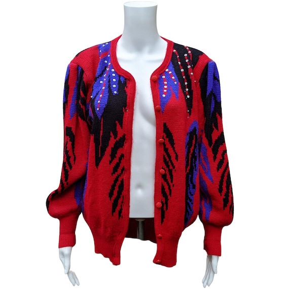 Vintage 1980s cherry red cardigan sweater with pu… - image 2