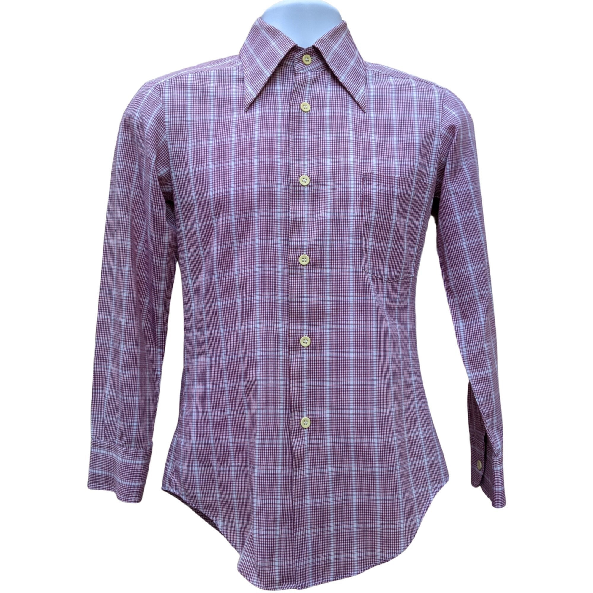 Camicia da uomo vintage anni '70 a quadri piccoli, bianca e rosso