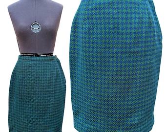 Vintage 60s green and blue houndstooth check pattern wool pencil skirt, fully lined