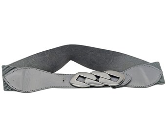 Vintage 90's gray with silver tone clasp 2 inch wide elastic waist belt, 80s style