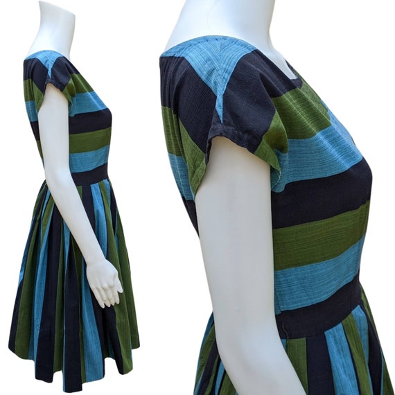 Vintage 40s or 50s green, blue and black cotton s… - image 5