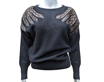 Vintage 1980's leather wings black wool dolman sleeve sweater