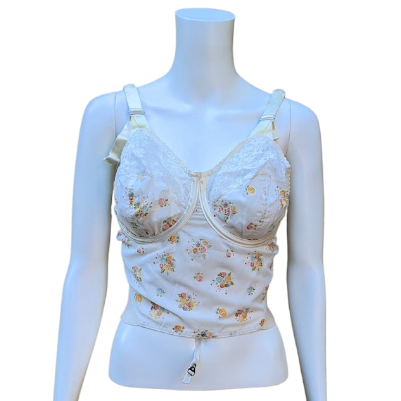 Vintage 1950s Ivory Floral Corset Bra With Underwear Hook and Padded Straps  