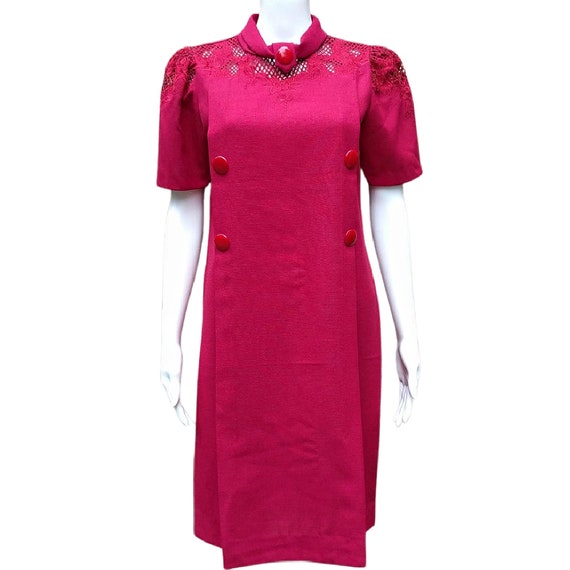 Vintage raspberry red stiffened linen shift dress