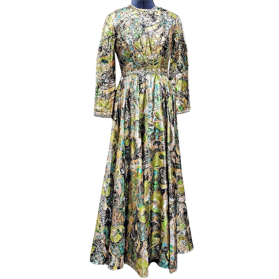 Vintage 1960's green gold lamé gown with beaded bo