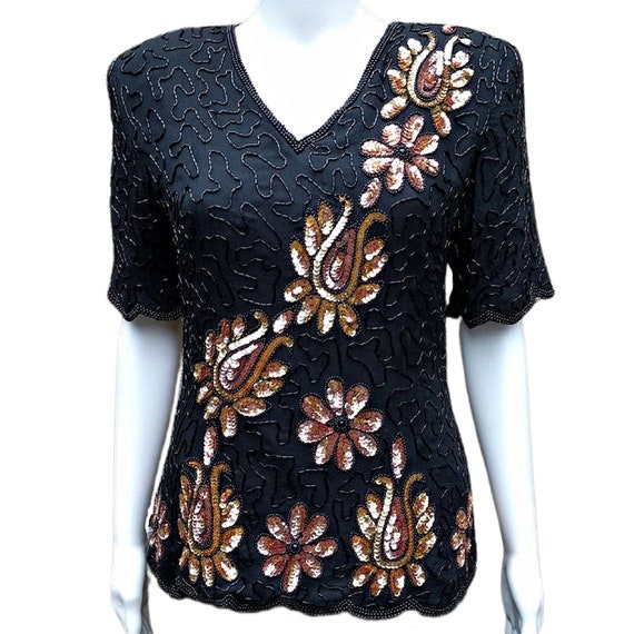 Vintage 80s black and copper silk bead and sequin… - image 1